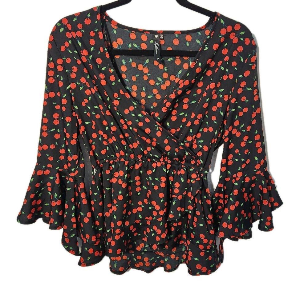 Influence Y2K Cherries Ruffle Bell Sleeve Coquette Boho Garden Fairy Blouse SZ 4